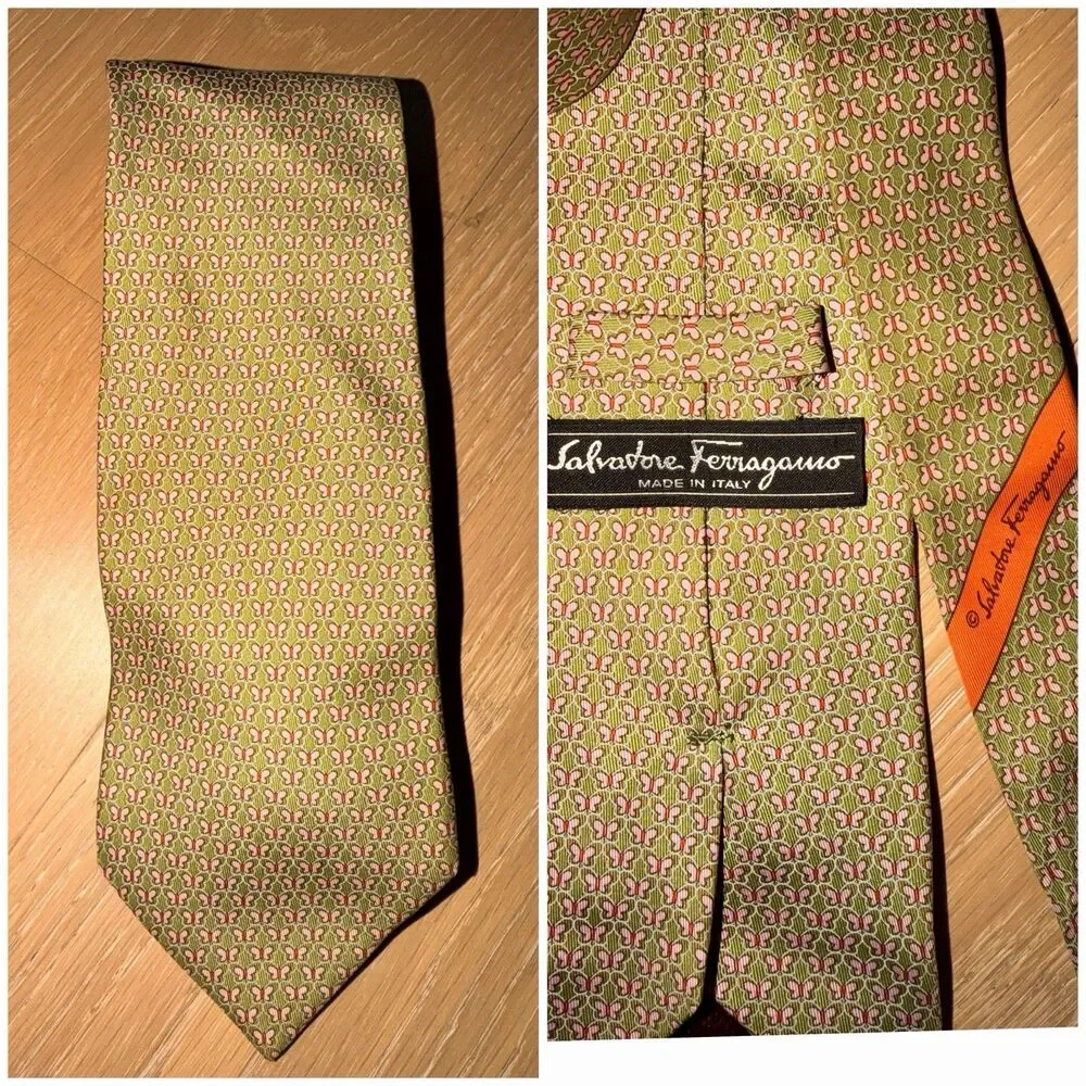 Salvatore Ferragamo Green 100% Silk Pattern Tie Excellent Used No Box